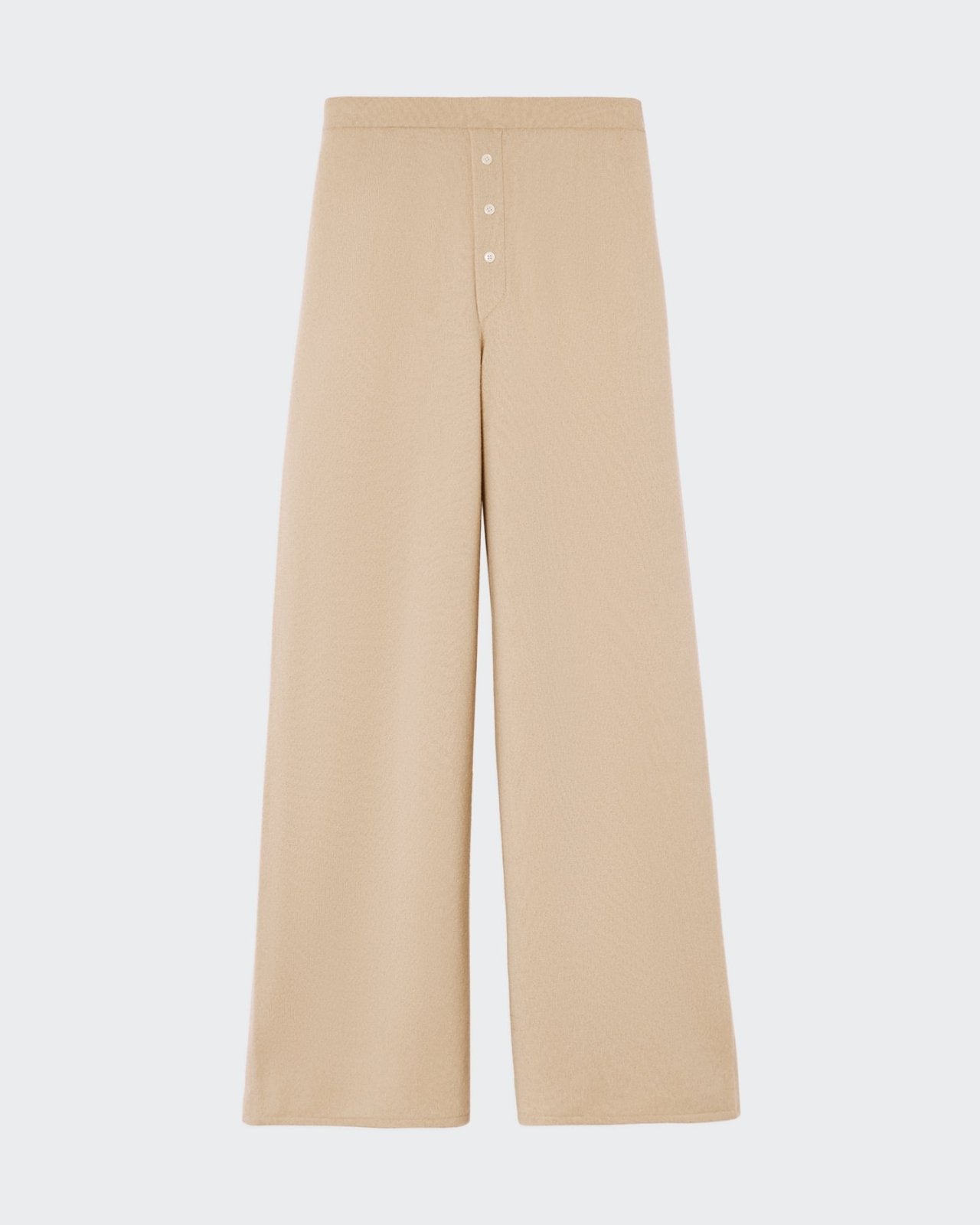 Women's beige cashmere wide-leg pants with an elastic waistband and front button closure.