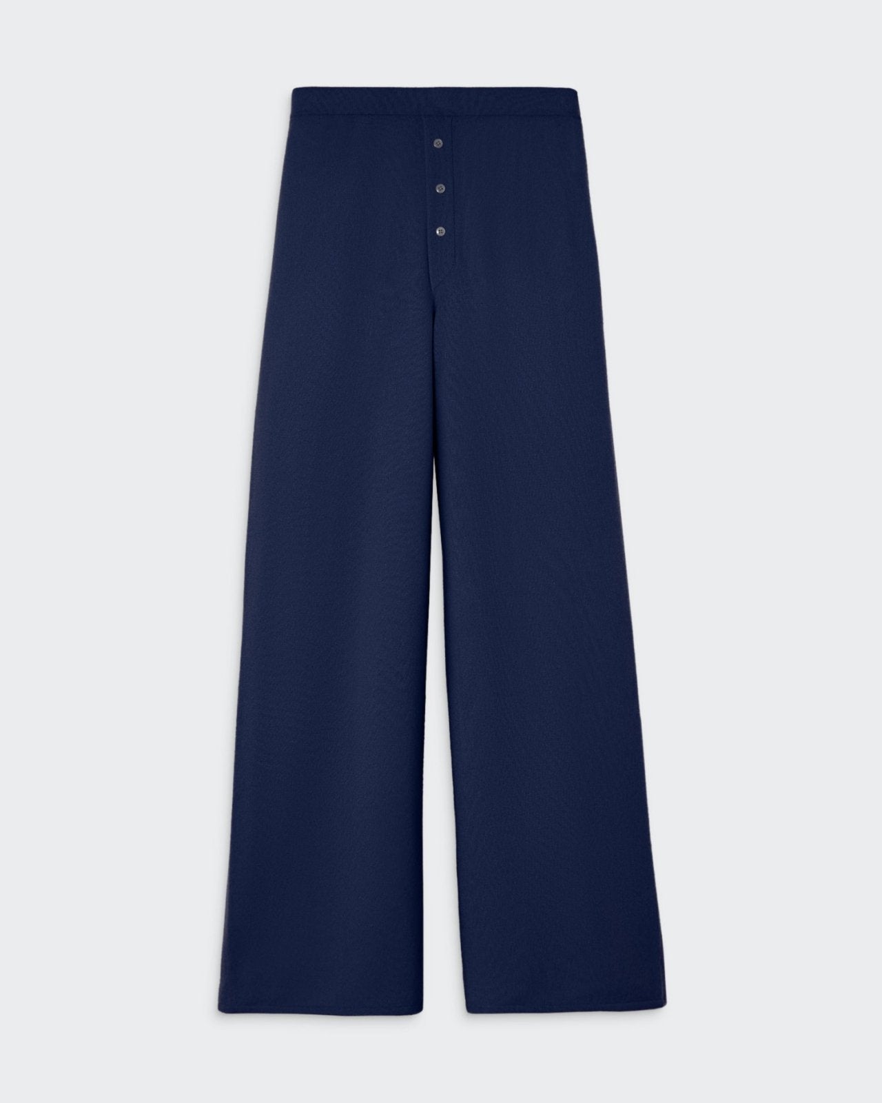 Navy blue women's straight leg cashmere pants with an elastic waistband and faux front button closure.