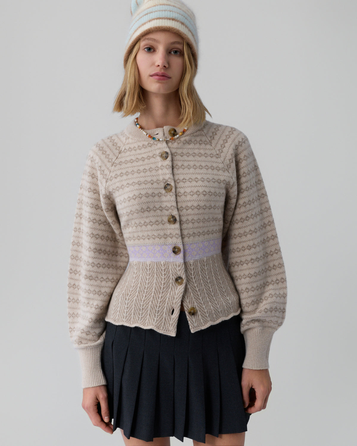 Fair Isle Sculpted  Cardigan - Sandstone Combo