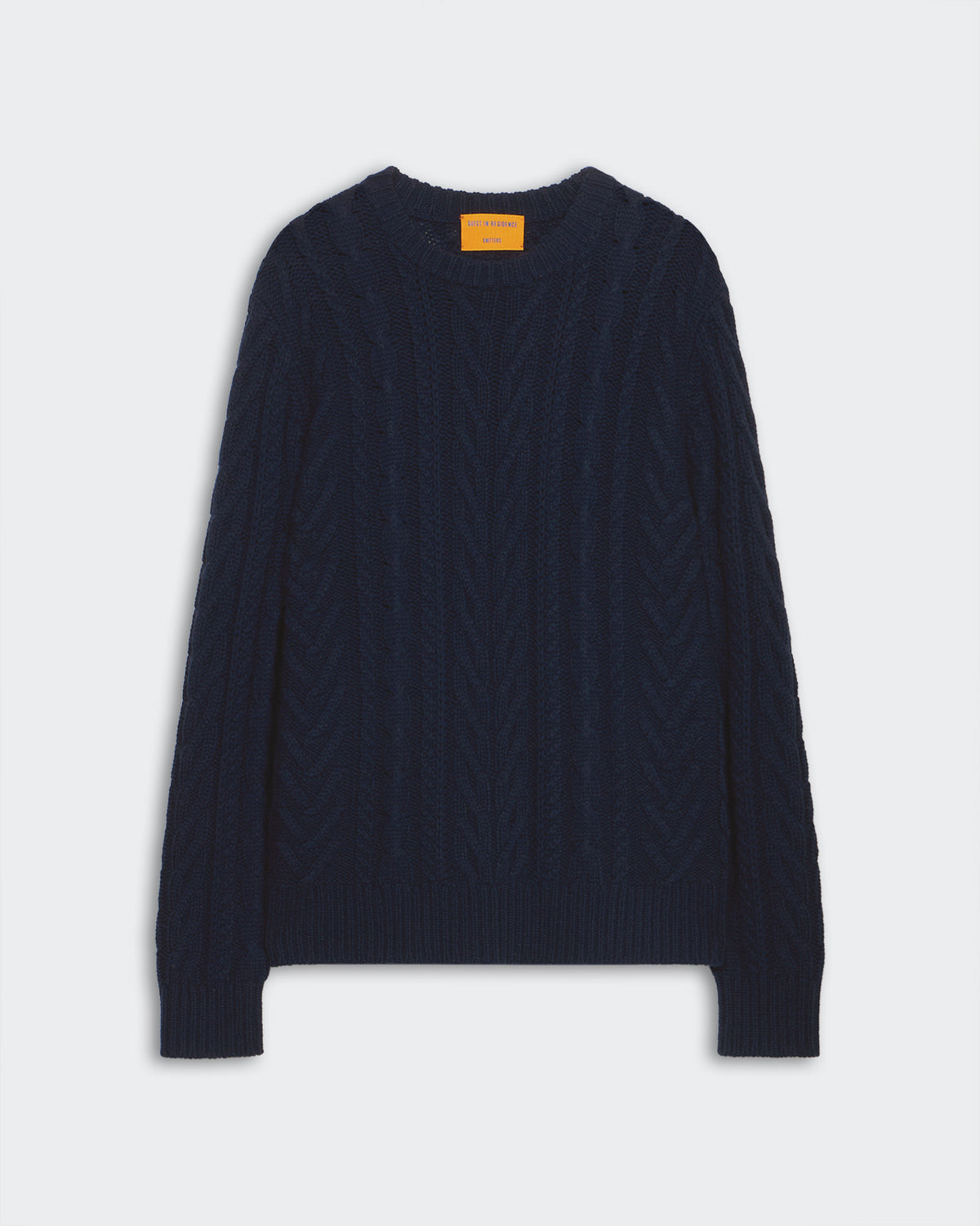 Fisherman Crew - Midnight men’s heavy-weight cable knit sweater with rib cuffs and crew neck in dark navy.