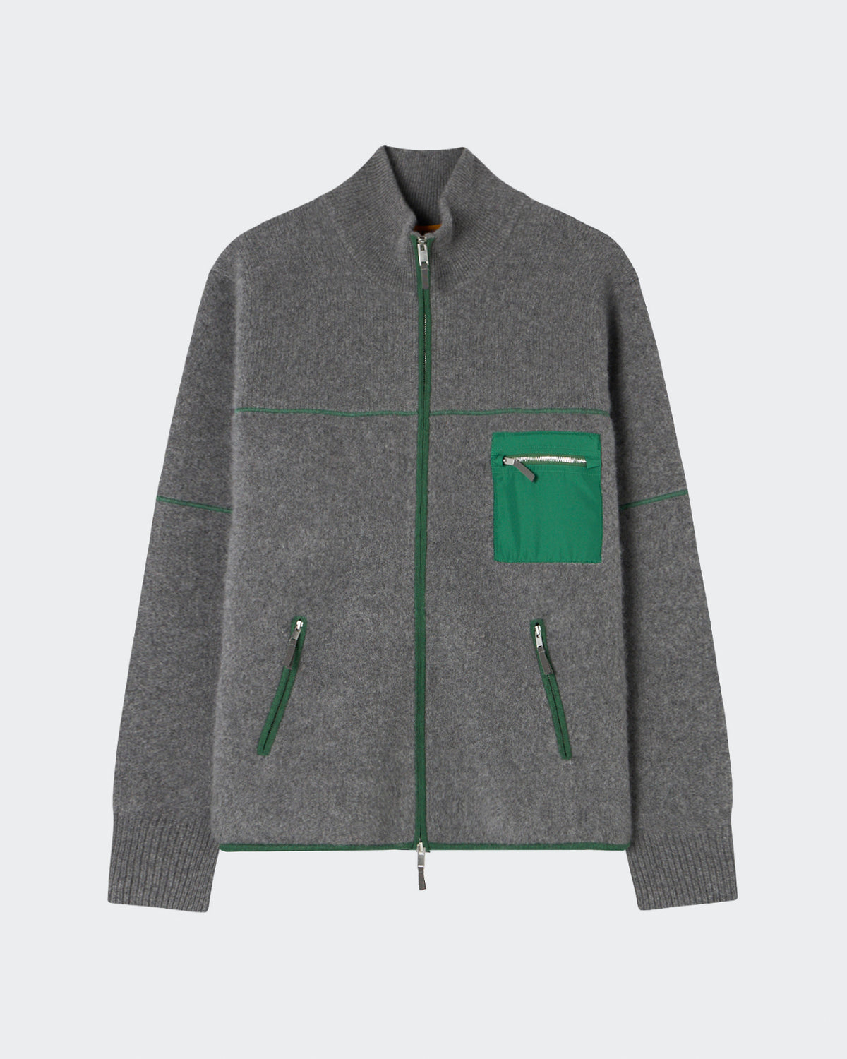 Gray zip-up sweater with a high collar, featuring a green zippered chest pocket and two green zippered side pockets, made from soft cashmere material.