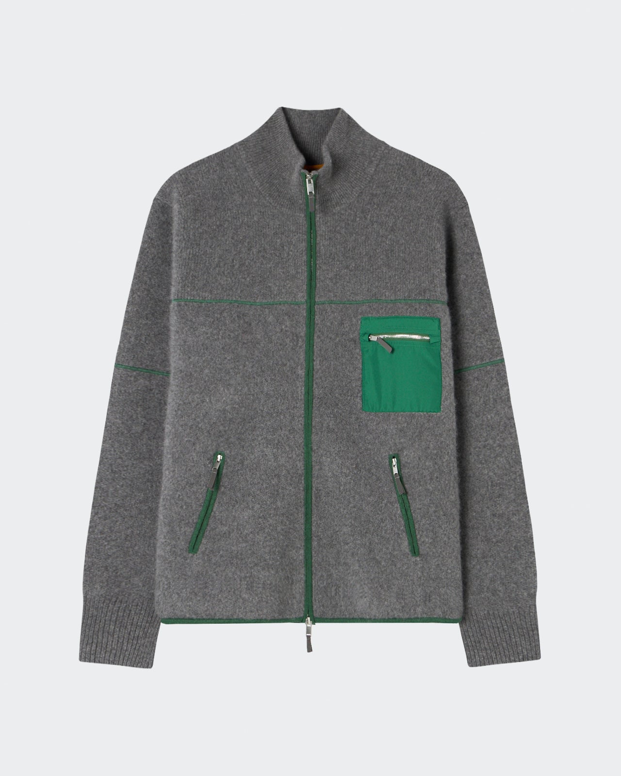 Gray zip-up sweater with a high collar, featuring a green zippered chest pocket and two green zippered side pockets, made from soft cashmere material.