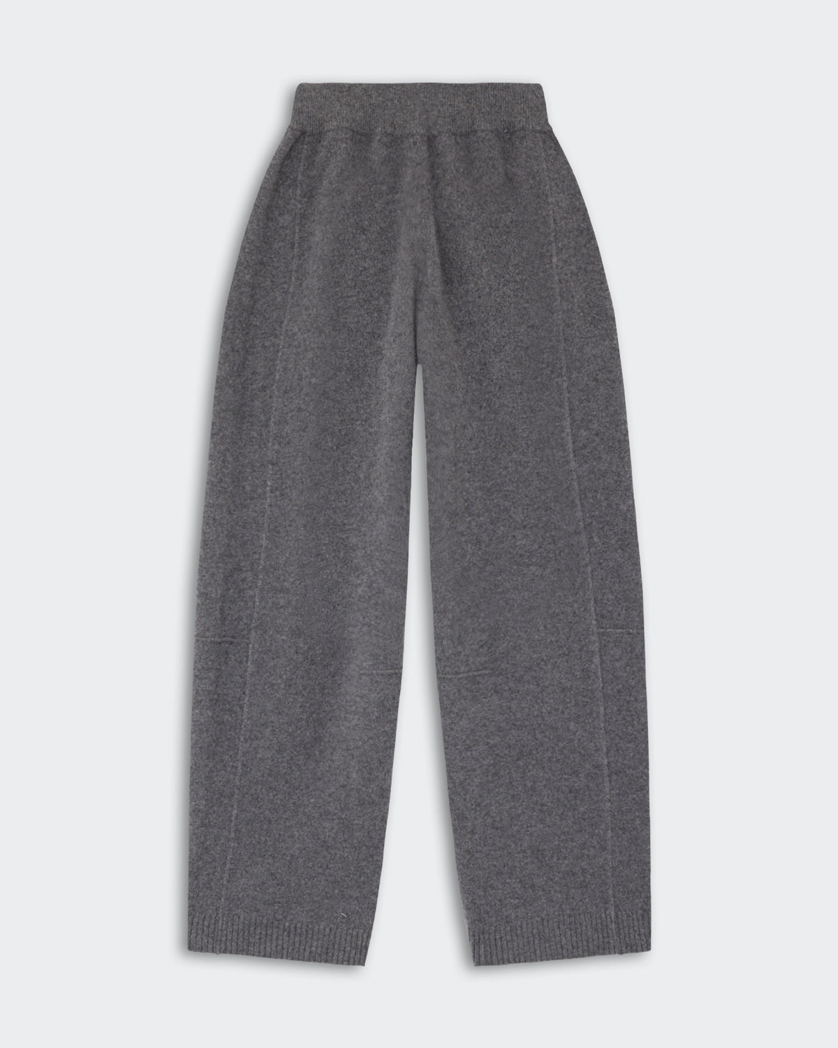 Gray cashmere wide-leg pants with an elastic waistband and ribbed cuffs laid flat on a light background.
