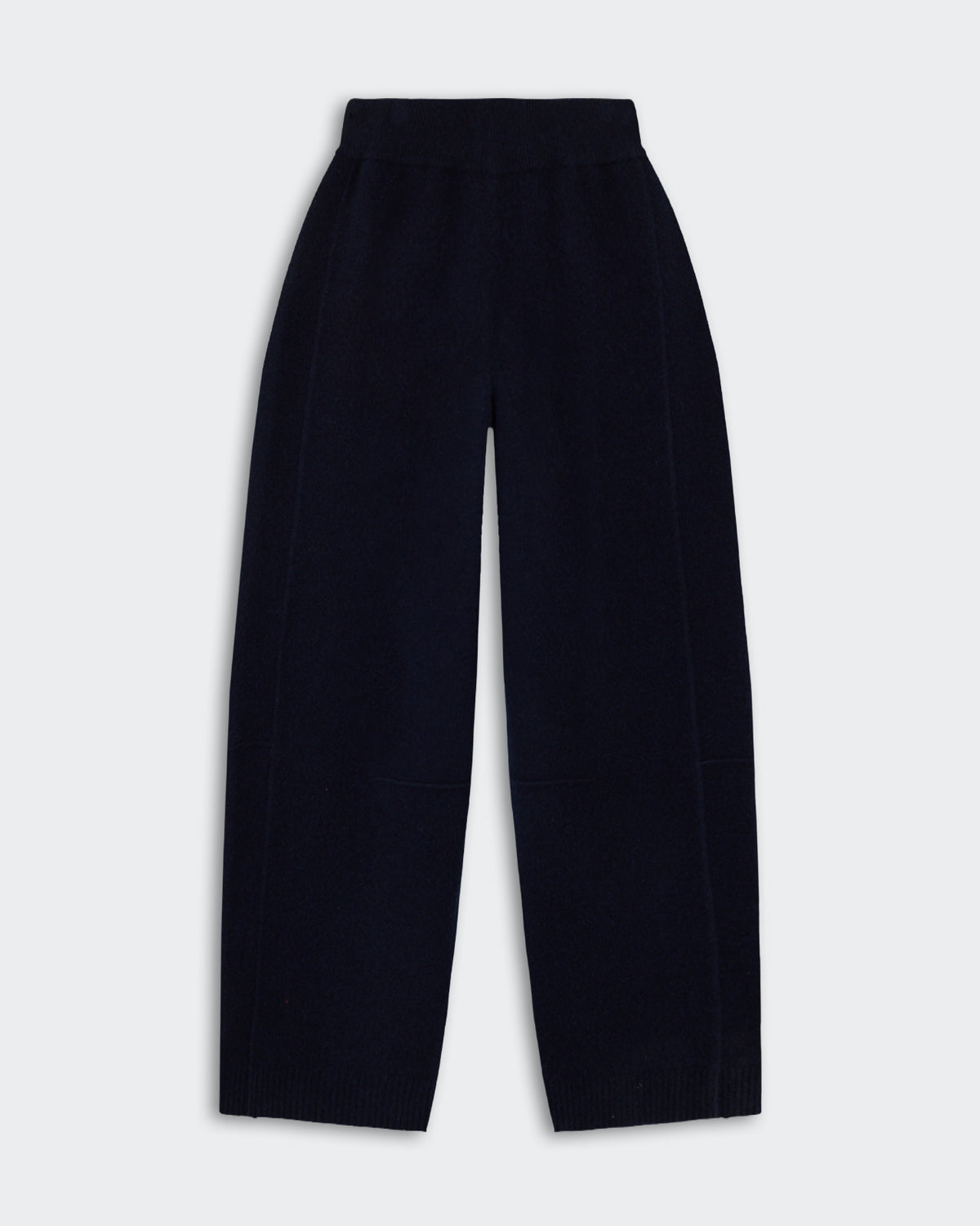 A pair of black wide-leg knit pants with a high waistband, laid flat on a light gray background.