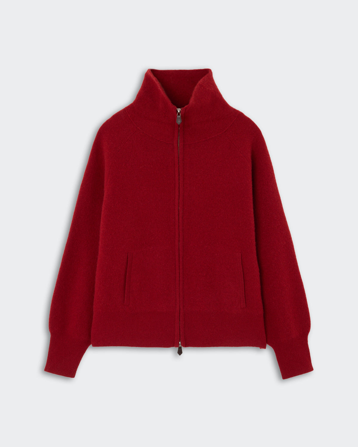 Red zip-up sweater with high collar and long sleeves displayed on a plain light background.