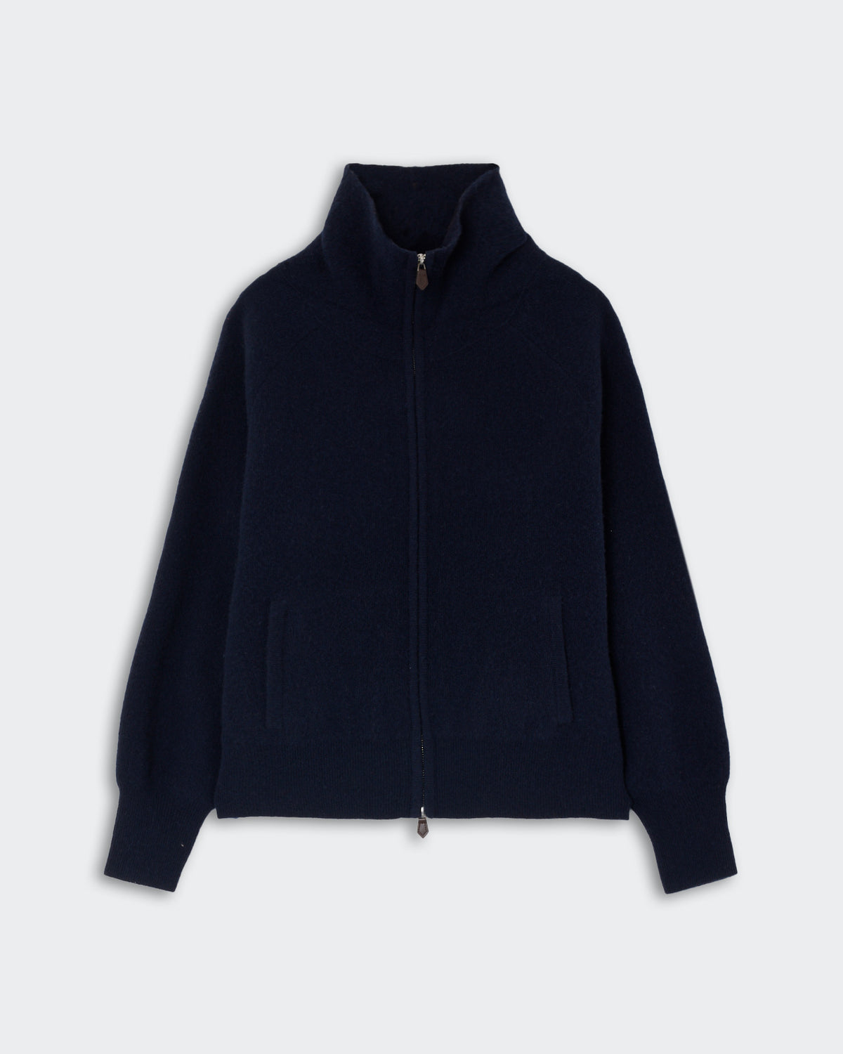 Dark navy blue zip-up cardigan with a high collar and long sleeves, displayed flat against a light gray background.