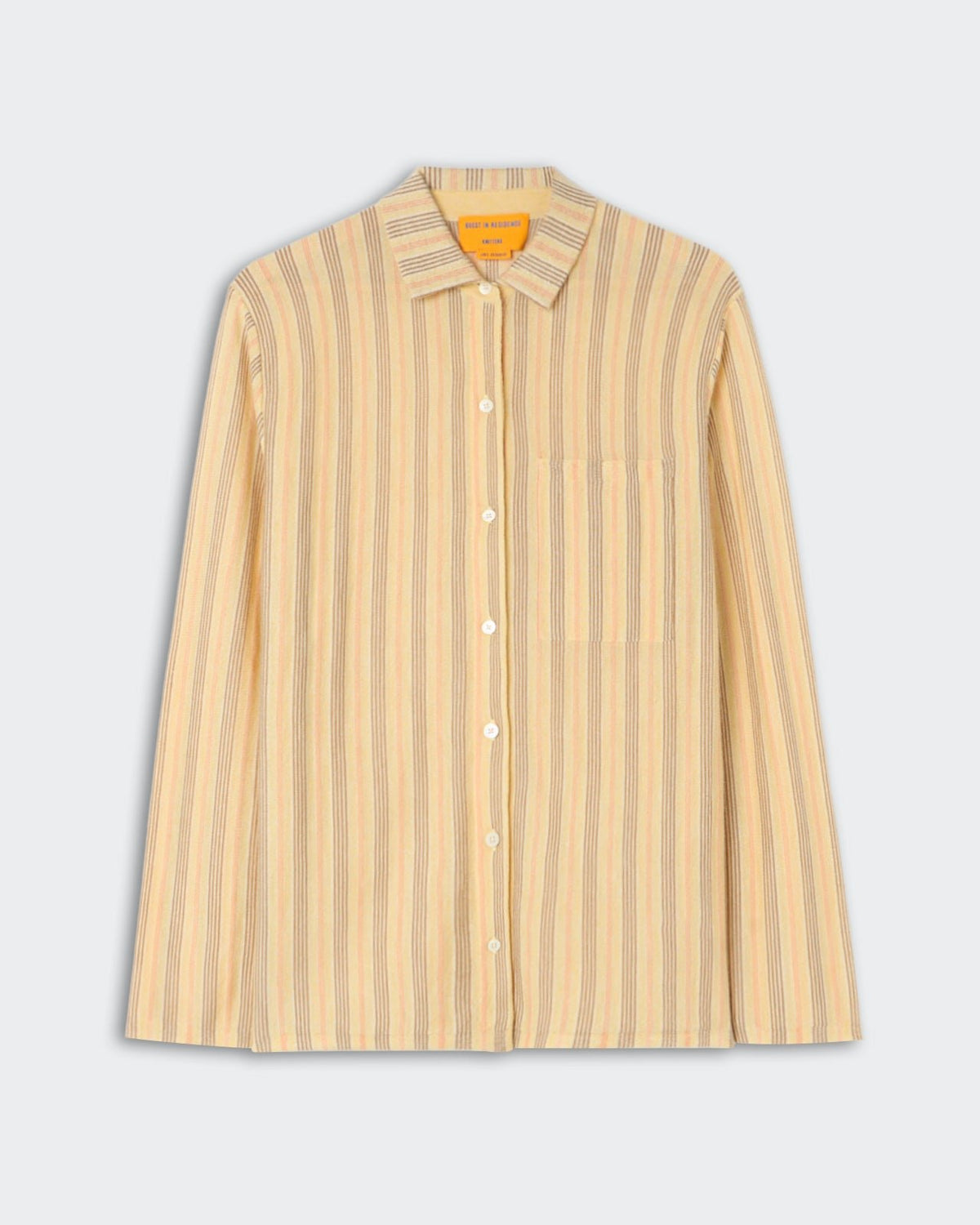 Fine Stripe Showtime Shirt - Butter Combo featuring a lightweight woven fabric with vertical stripes in soft yellow and beige tones, classic collar, button-front closure, and a chest pocket.