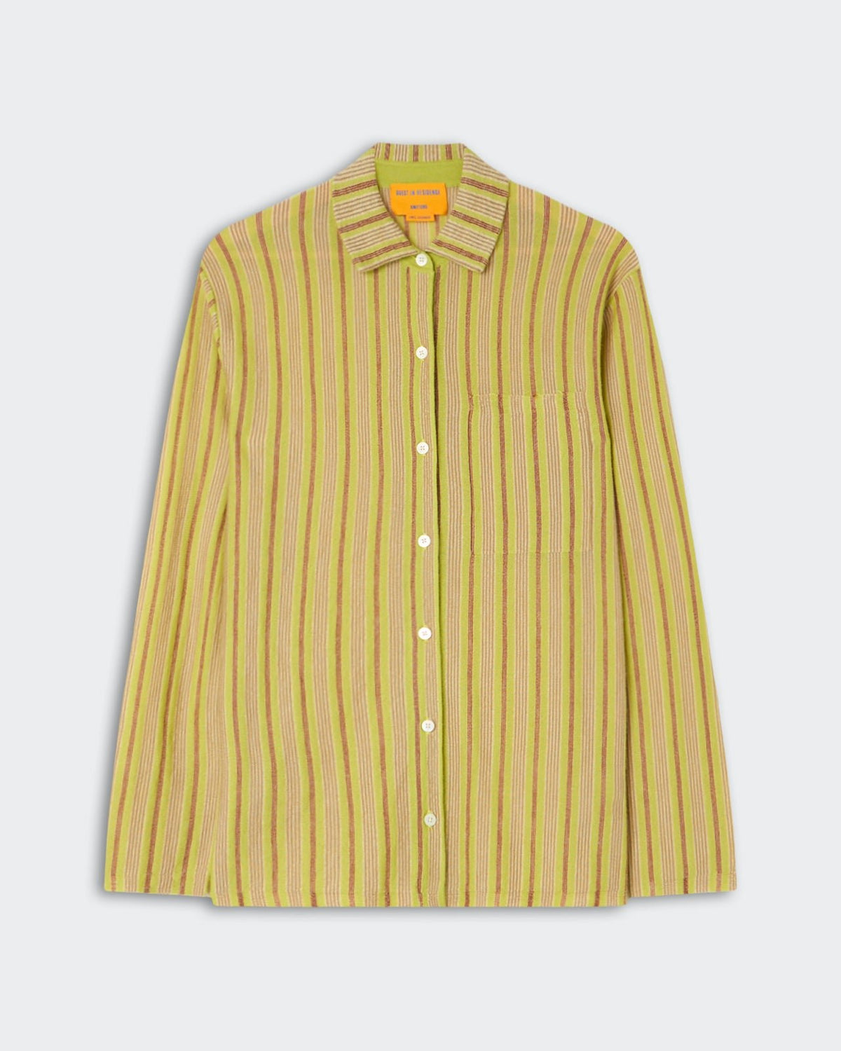 Fine Stripe Showtime Shirt - EVOO Combo featuring a lightweight fabric with vertical stripes in olive and beige tones, a classic collar, button-down front, and a chest pocket.