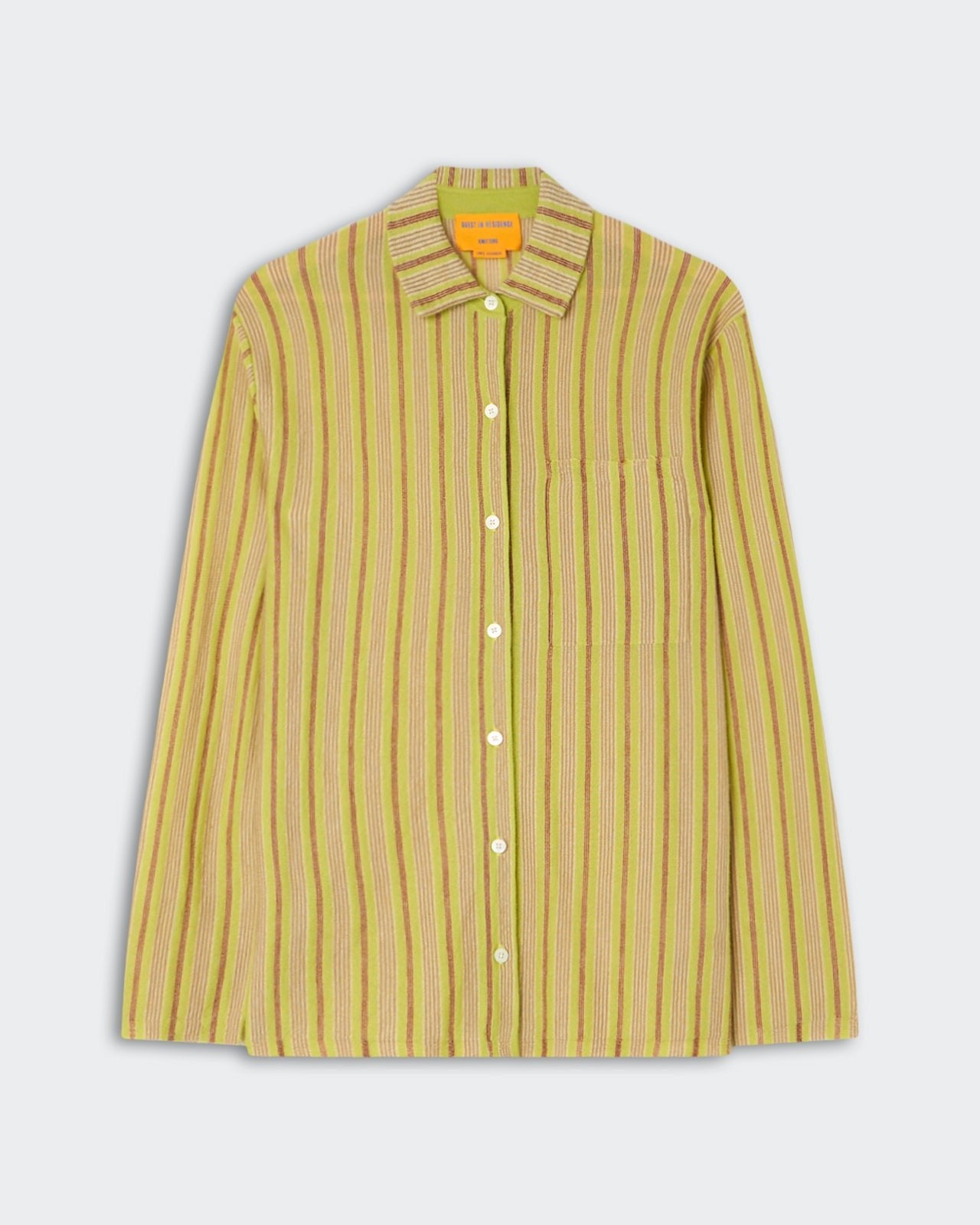 Fine Stripe Showtime Shirt - EVOO Combo featuring a lightweight fabric with vertical stripes in olive and beige tones, a classic collar, button-down front, and a chest pocket.