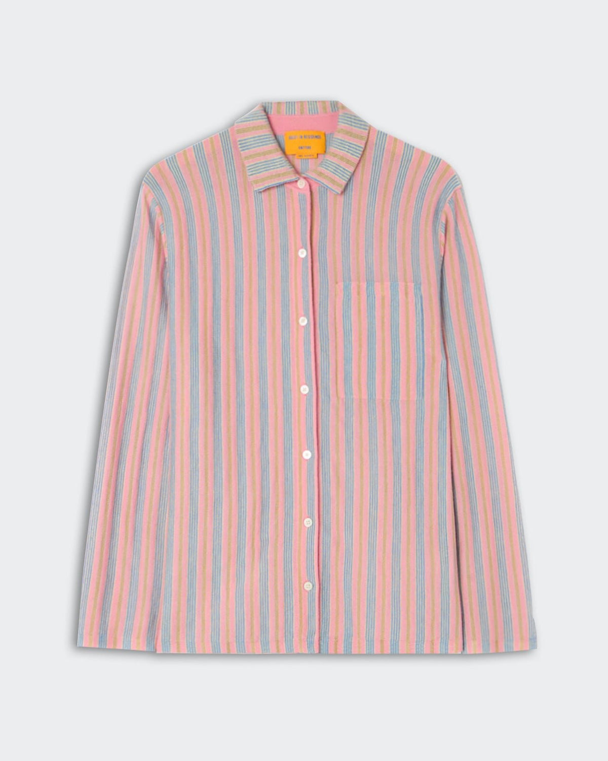 Fine Stripe Showtime Shirt - Sprinkle Combo featuring soft fabric with vertical stripes in pastel pink, blue, and cream tones, classic collar, button-down front, and single chest pocket.