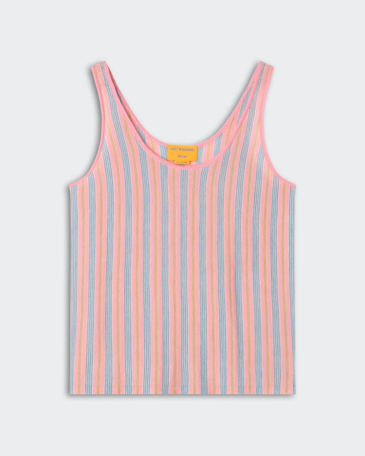 Fine Stripe Tank - Sprinkle Combo with a soft knit texture, featuring pastel pink, cream, and blue vertical stripes, a sleeveless cut, and a relaxed scoop neckline.