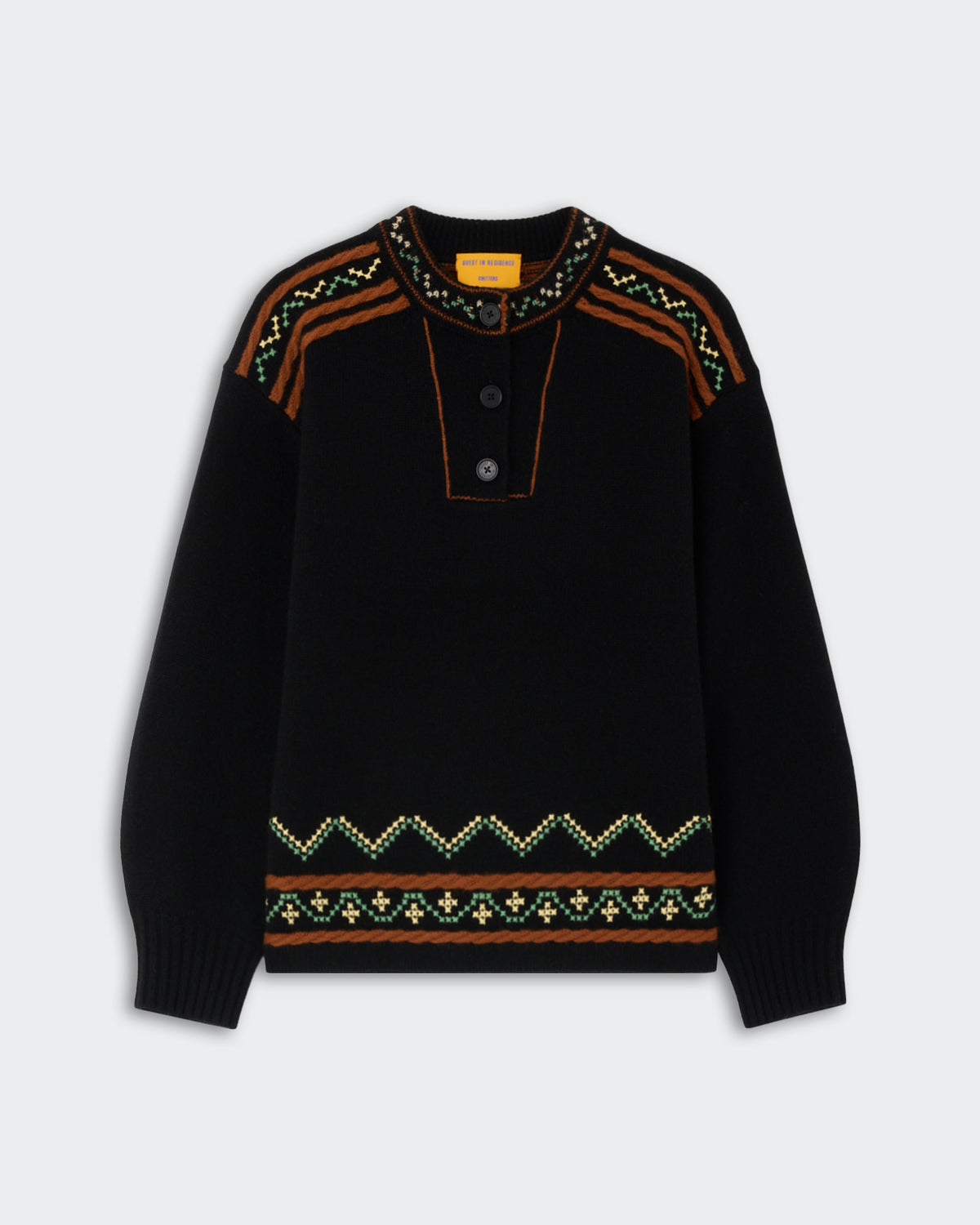 Black Fisherman Henley - Black sweater with brown, green, and beige patterned accents on shoulders, chest, and hem, featuring a two-button placket and ribbed cuffs.