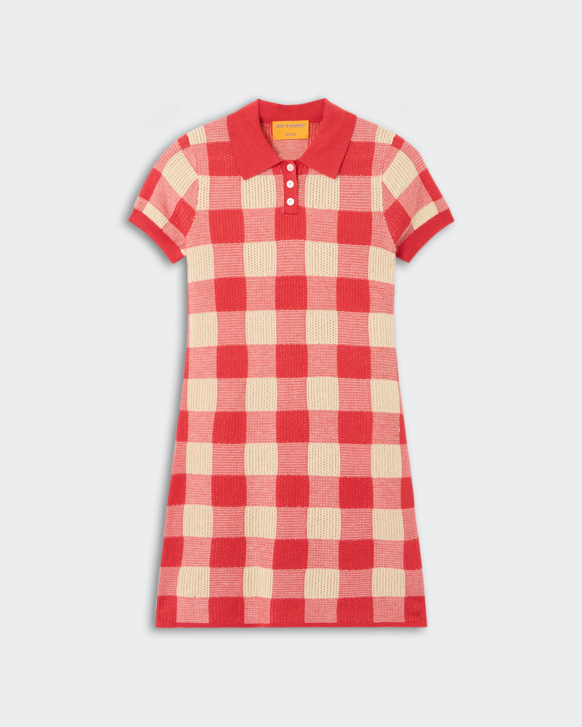 Gingham Polo Dress - Scarlet/Mist, a short-sleeve knit dress featuring a large gingham check pattern in vibrant scarlet and soft mist, with a classic polo collar and a three-button placket, displayed flat.
