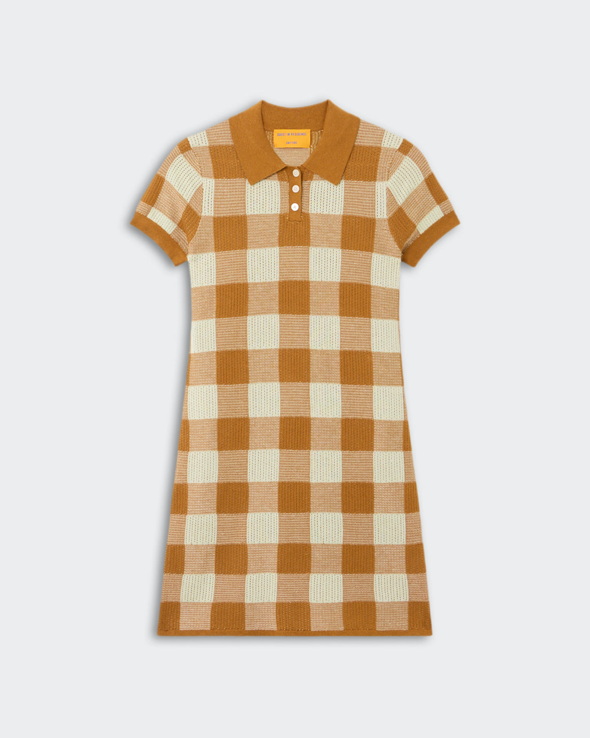 Gingham Polo Dress - Suede/Limewash, a short-sleeve knit dress with a classic large check pattern in warm suede and soft limewash tones, featuring a polo collar and a three-button placket, shown flat.