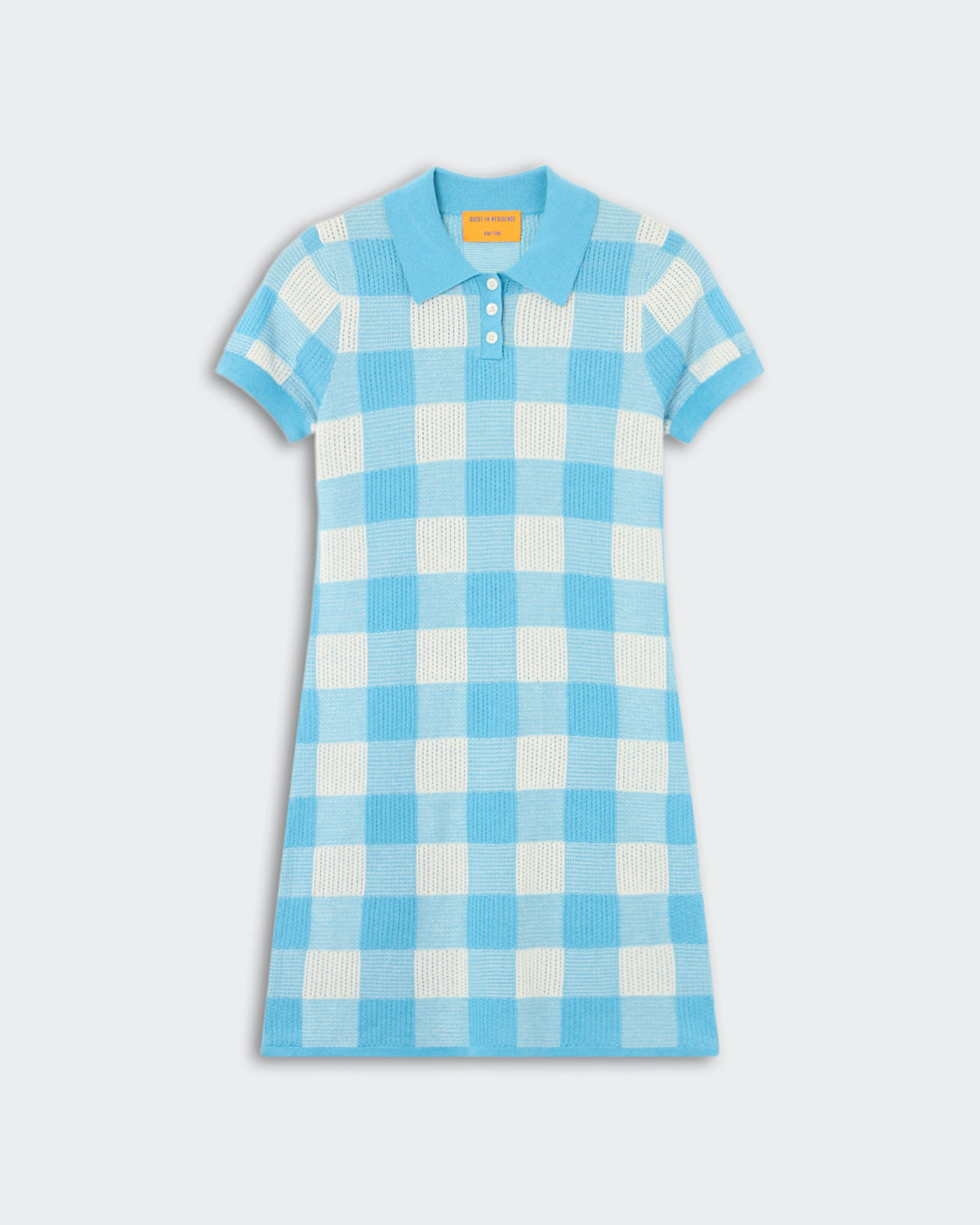 Gingham Polo Dress - Swimming Pool/Cream, a short-sleeve knit dress featuring a classic check pattern in bright blue and cream, with a polo collar and three-button placket, laid flat.