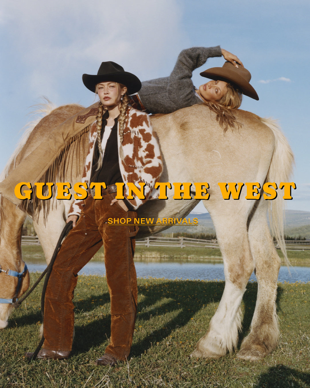 Western themed image of two people in cowboy hats beside a pale horse with Guest in the West and Shop New Arrivals text over a mountain lake landscape
