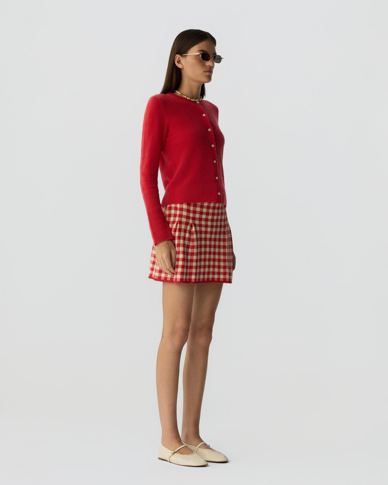 Gingham Pleated Skirt - Scarlet/Mist – Guest In Residence