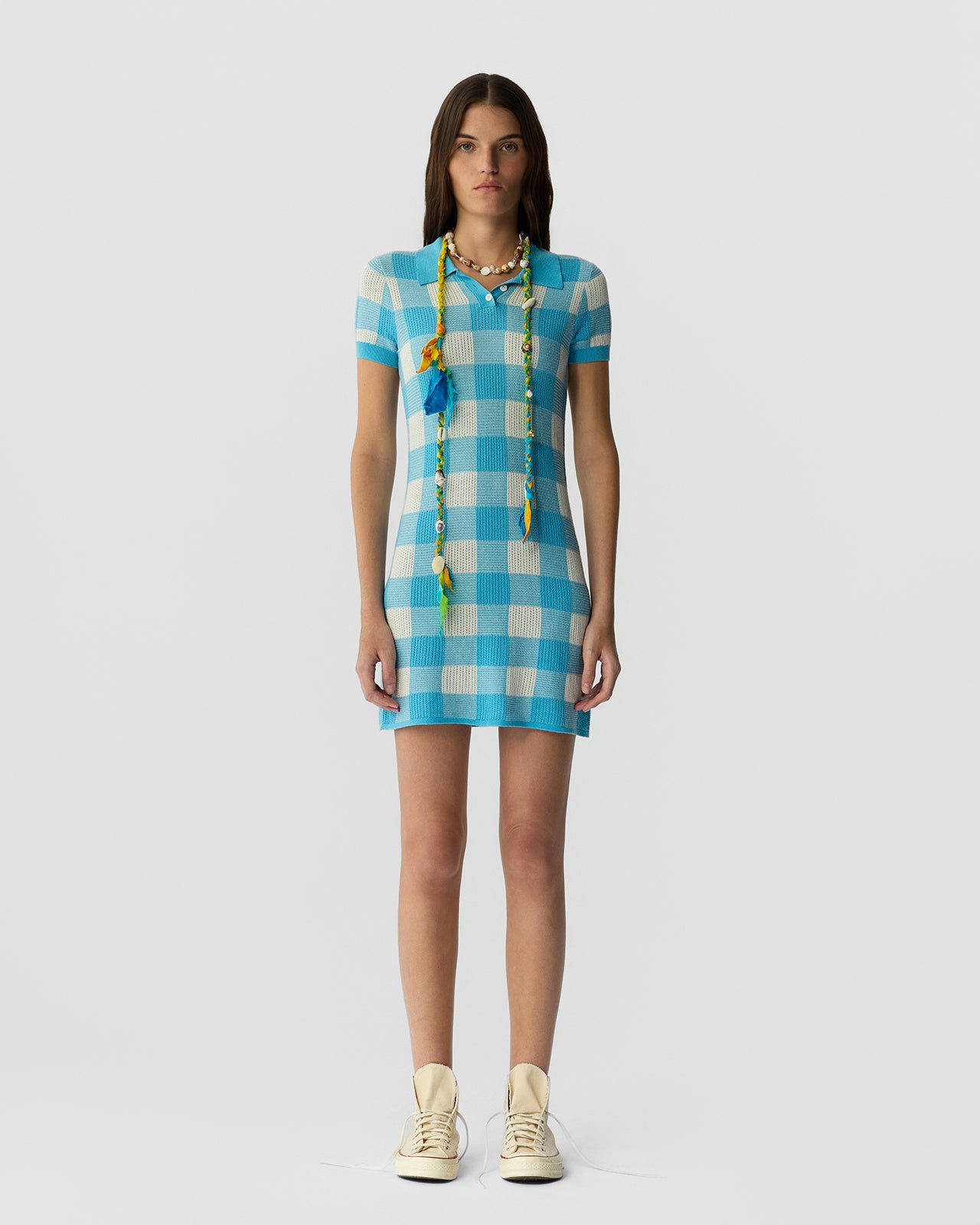 Gingham Polo Dress - Swimming Pool/Cream Guest In Residence Gingham Polo Dress - Swimming Pool/Cream Guest In Residence