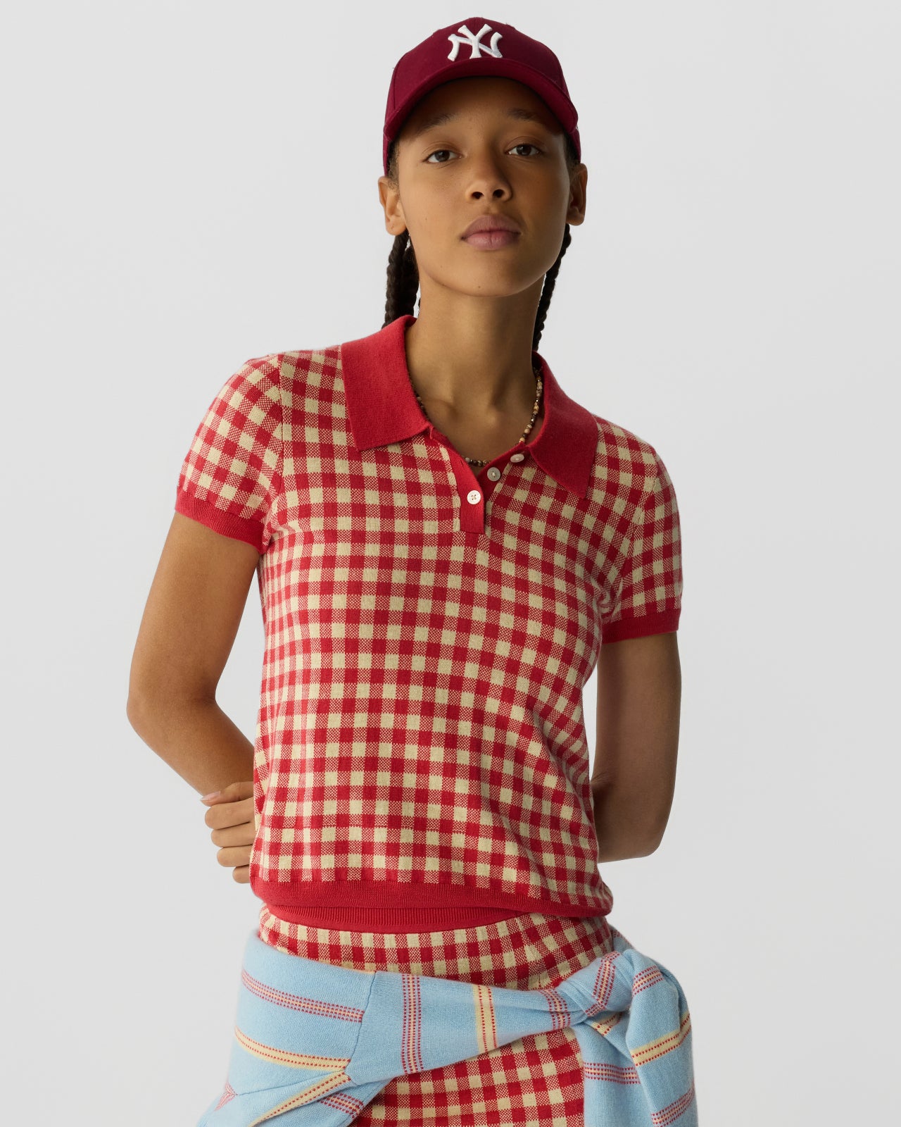 Gingham Shrunken Polo - Scarlet/Mist