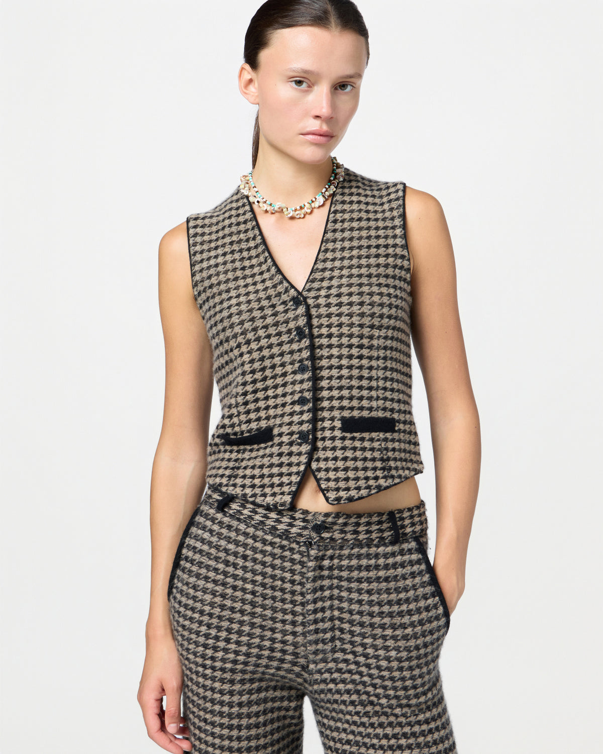 Houndstooth Tailored Vest - Black/Dune