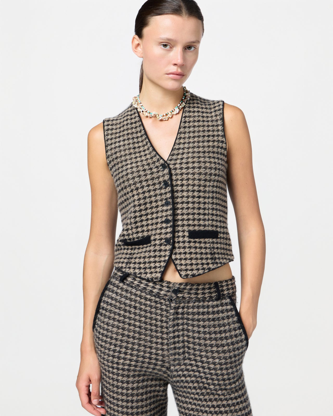 Houndstooth Tailored Vest - Black/Dune