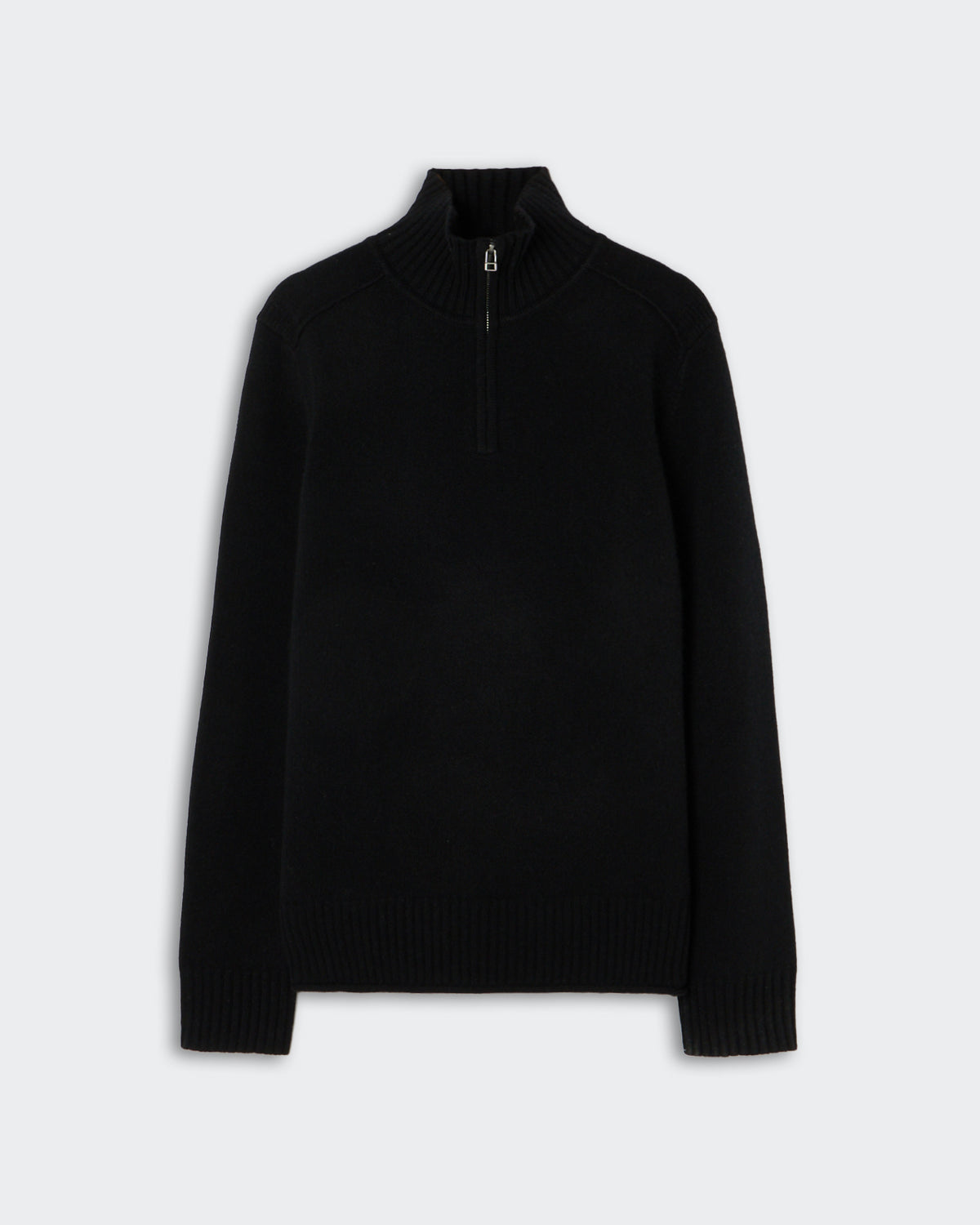 Black long-sleeve sweater with a ribbed high collar and a quarter zipper, featuring ribbed cuffs and hem against a light gray background.