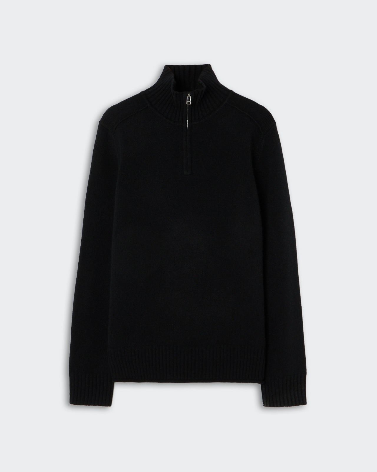 Black long-sleeve sweater with a ribbed high collar and a quarter zipper, featuring ribbed cuffs and hem against a light gray background.