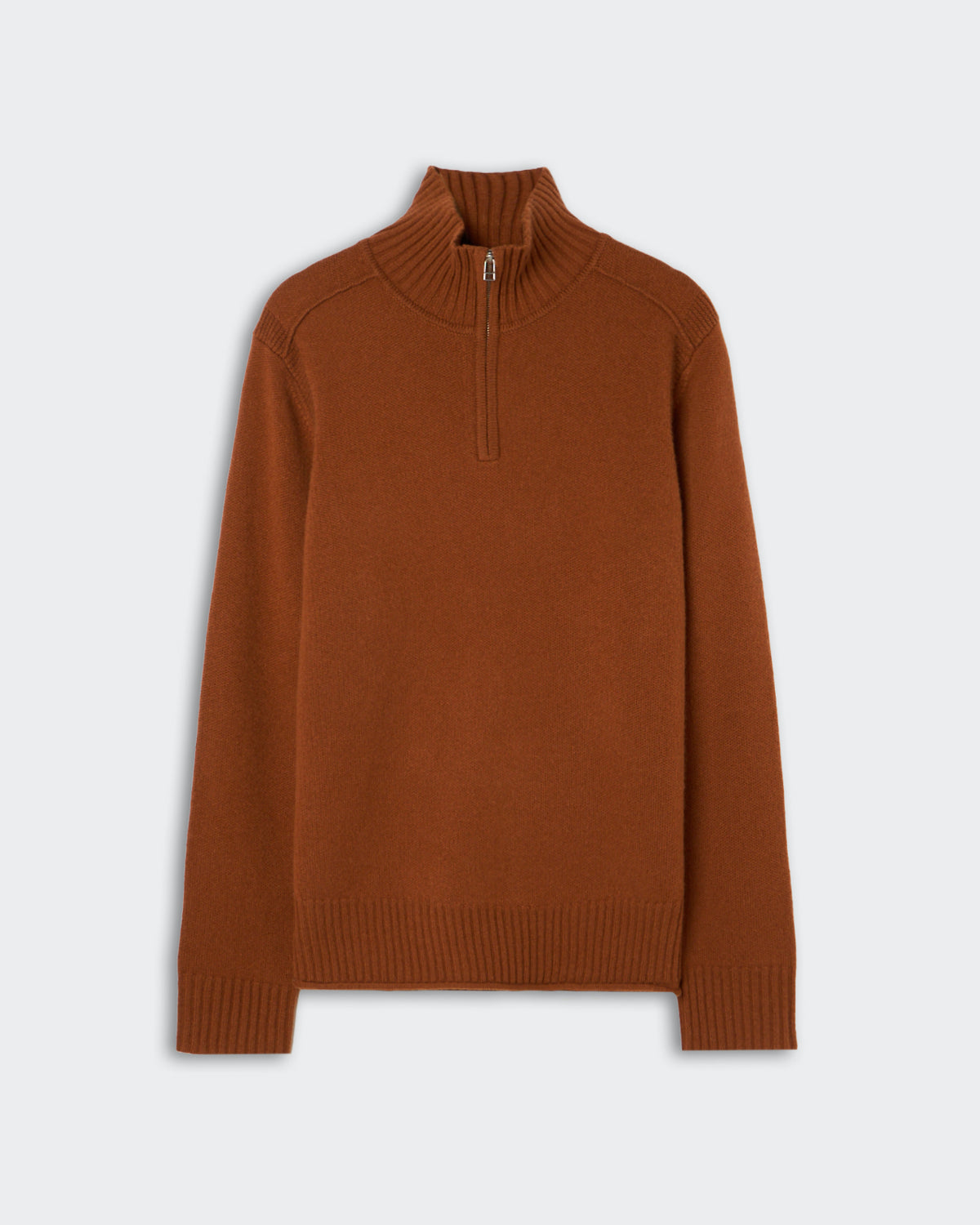 Brown long-sleeve sweater made of soft cashmere with a half-zip high collar and ribbed cuffs and hem, laid flat on a light background.