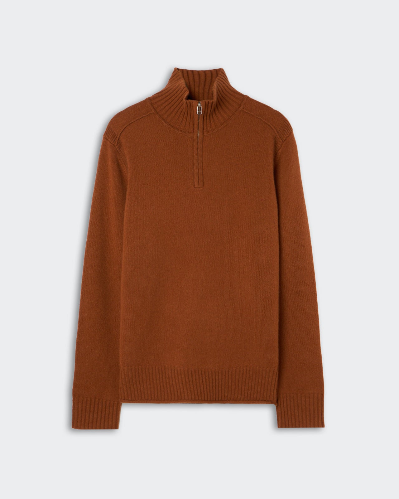 Brown long-sleeve sweater made of soft cashmere with a half-zip high collar and ribbed cuffs and hem, laid flat on a light background.