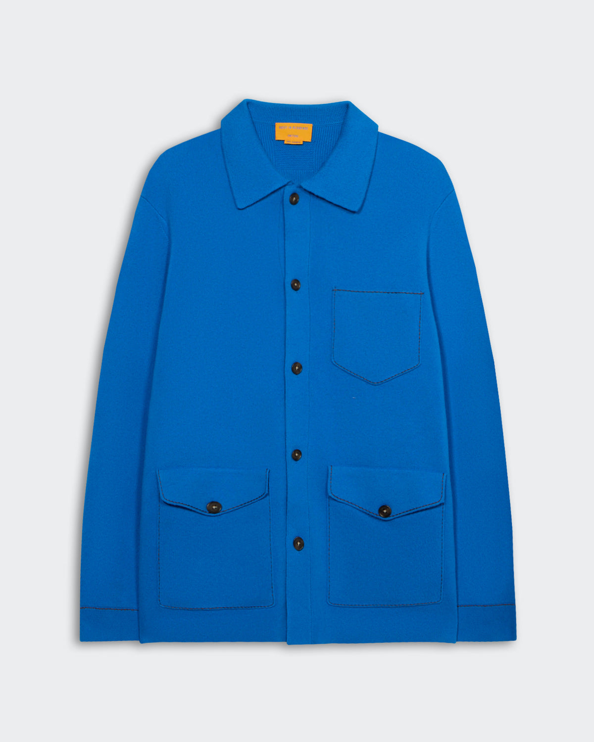 Blue heavy-weight knit Industry Jacket with chest and hip patch pockets and contrast topstitching details