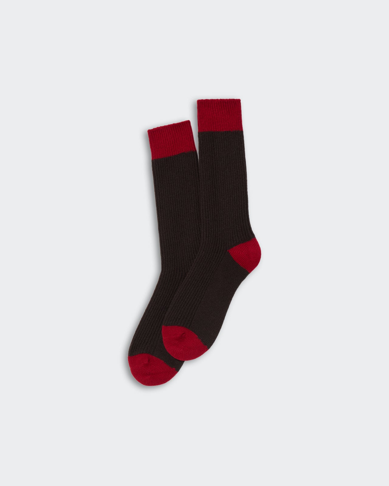 The Soft Socks - Burnt Cocoa/Ruby in 100% premium cashmere with contrast red toe and cuff, unisex one size.