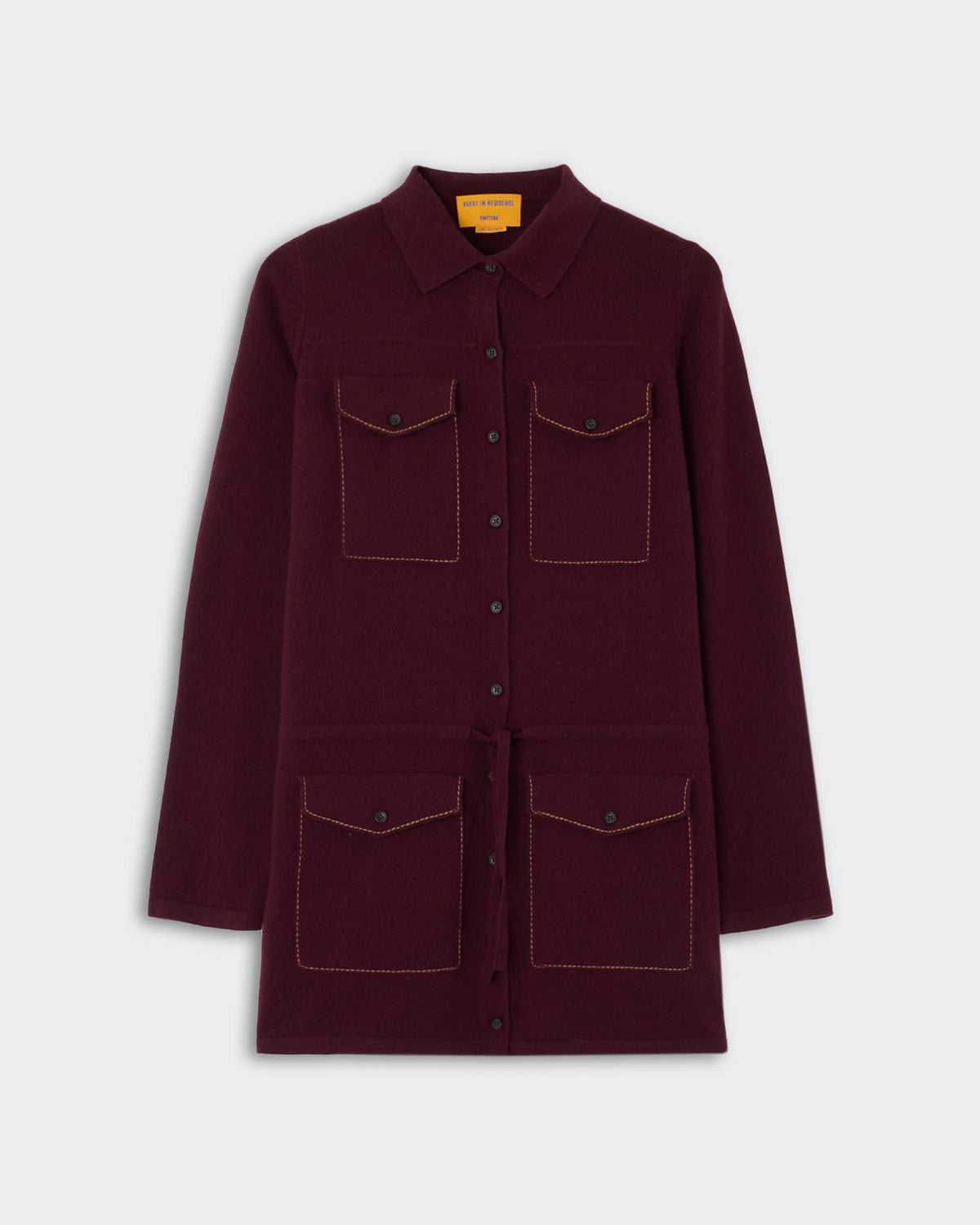 Industry Mini Dress - Fig in deep fig color with long sleeves, button-down front, collared neckline, contrast stitching, and four front pockets with button closures.