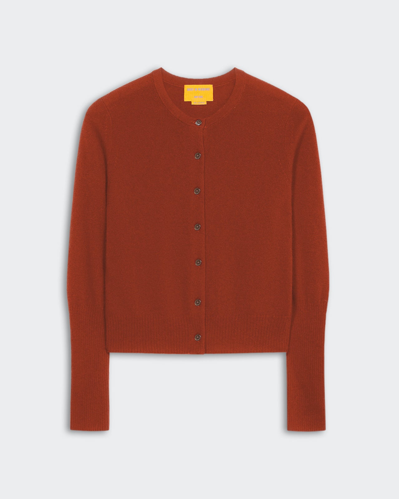 Jane Cardigan in cinnamon color with lightweight jersey stitch and seven-button front closure, 100% cashmere sweater