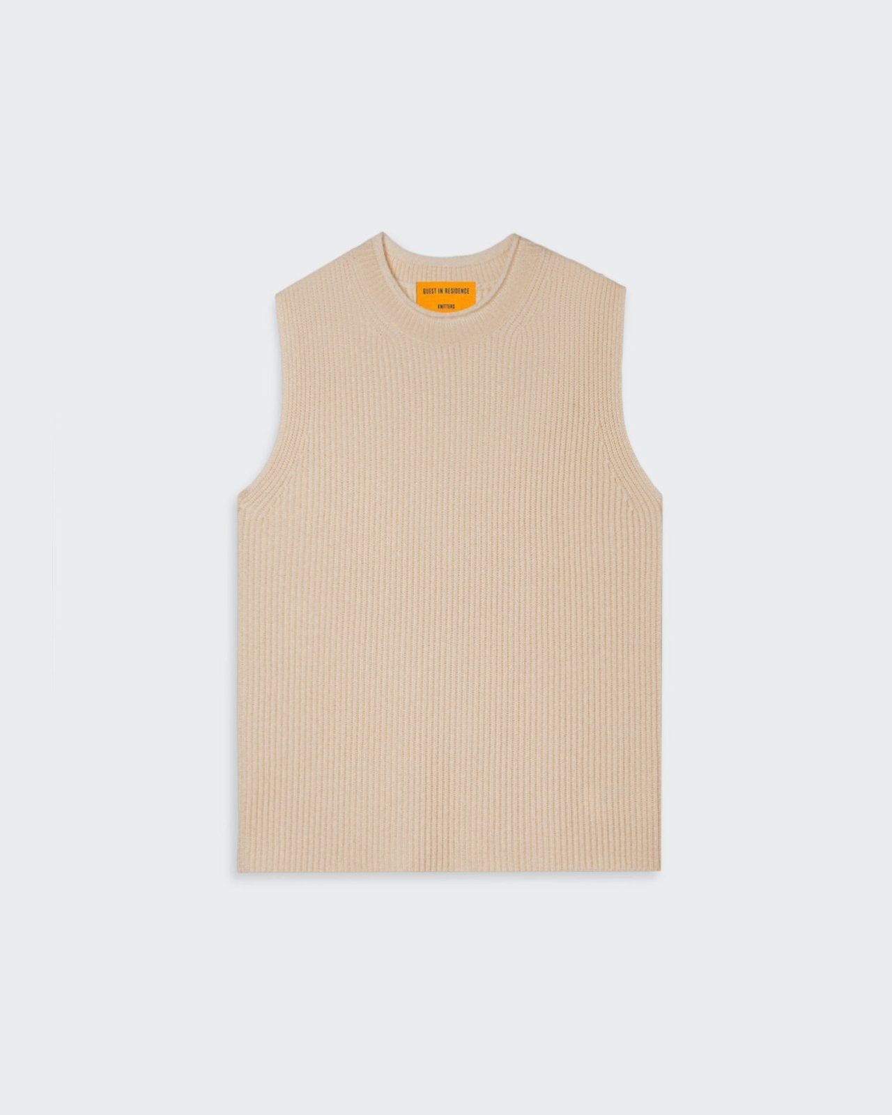 Women's beige knit cashmere layering vest with a rib collar and signature brand detail at the back neck.