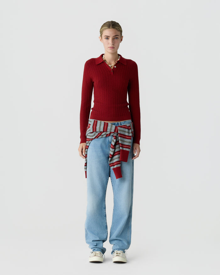 Guest in Residence — L/S Shrunken Waffle Polo - Carmine