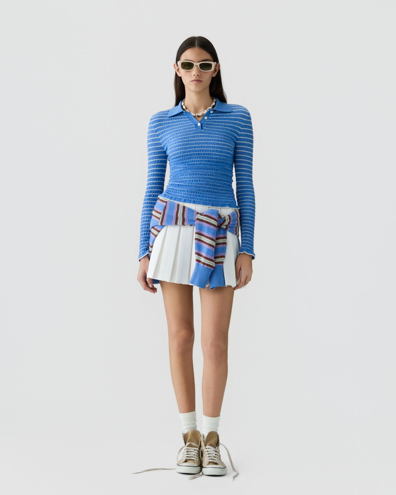 Smocked L/S Shrunken Polo - Delft Blue/Cream