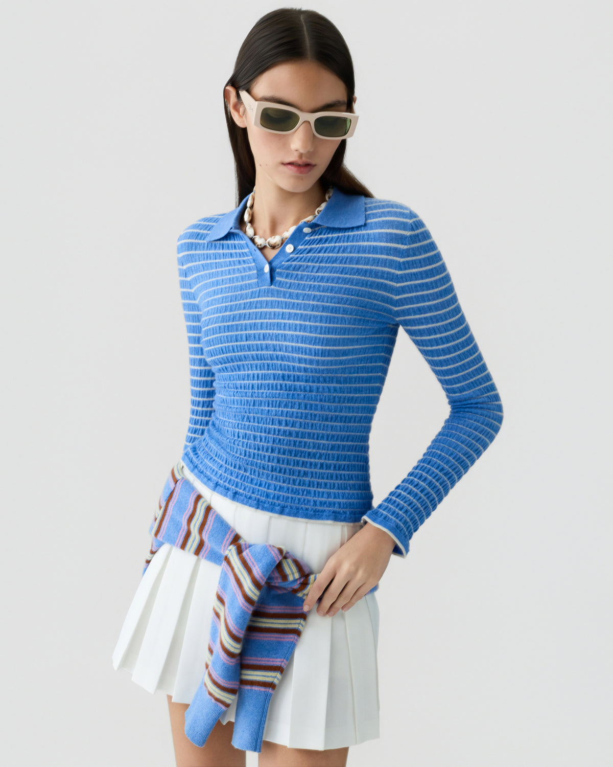 Smocked L/S Shrunken Polo - Delft Blue/Cream