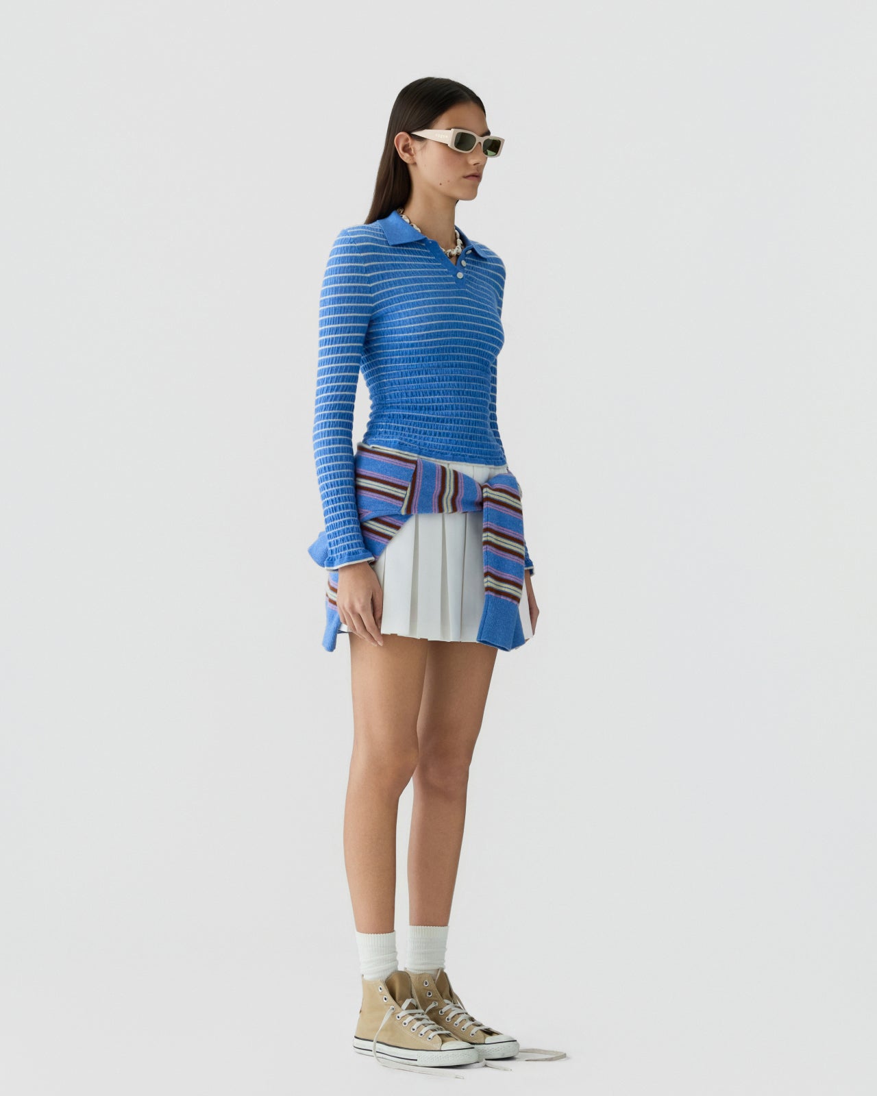Smocked L/S Shrunken Polo - Delft Blue/Cream