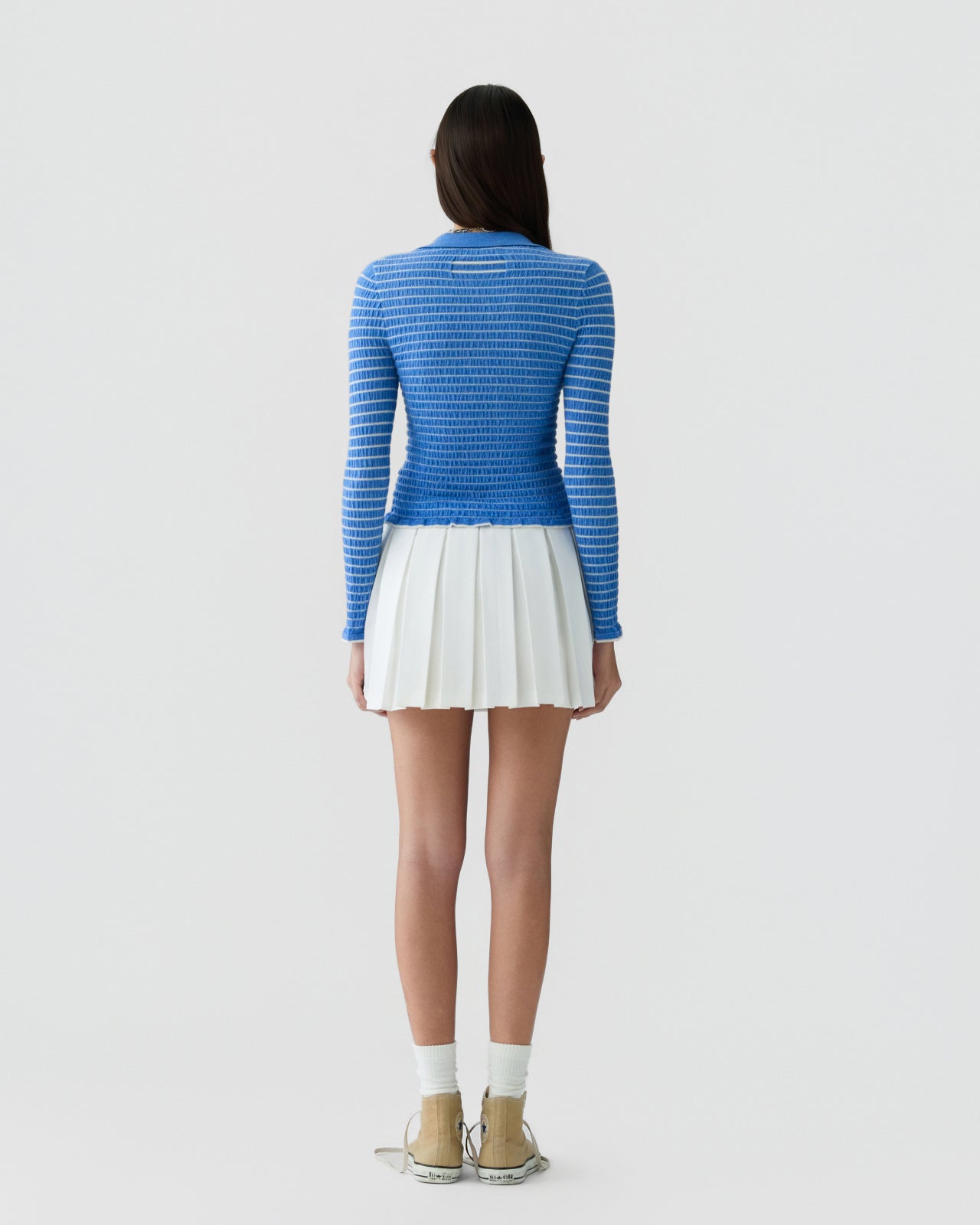 Smocked L/S Shrunken Polo - Delft Blue/Cream