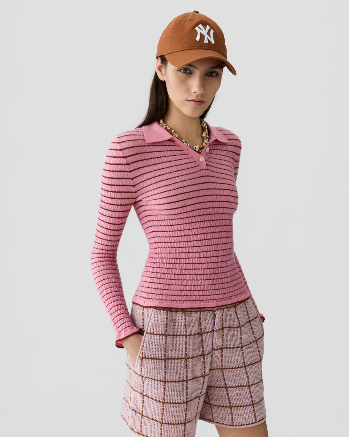 Smocked L/S Shrunken Polo - Sprinkle/Burnt Sienna