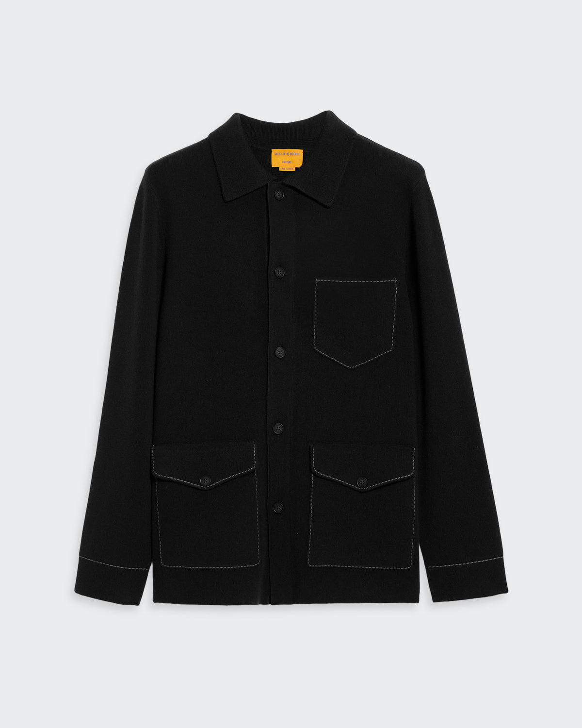 Industry Jacket - Black/Steel with contrast topstitching, chest patch pocket, and button closure in heavy-weight cashmere knit.
