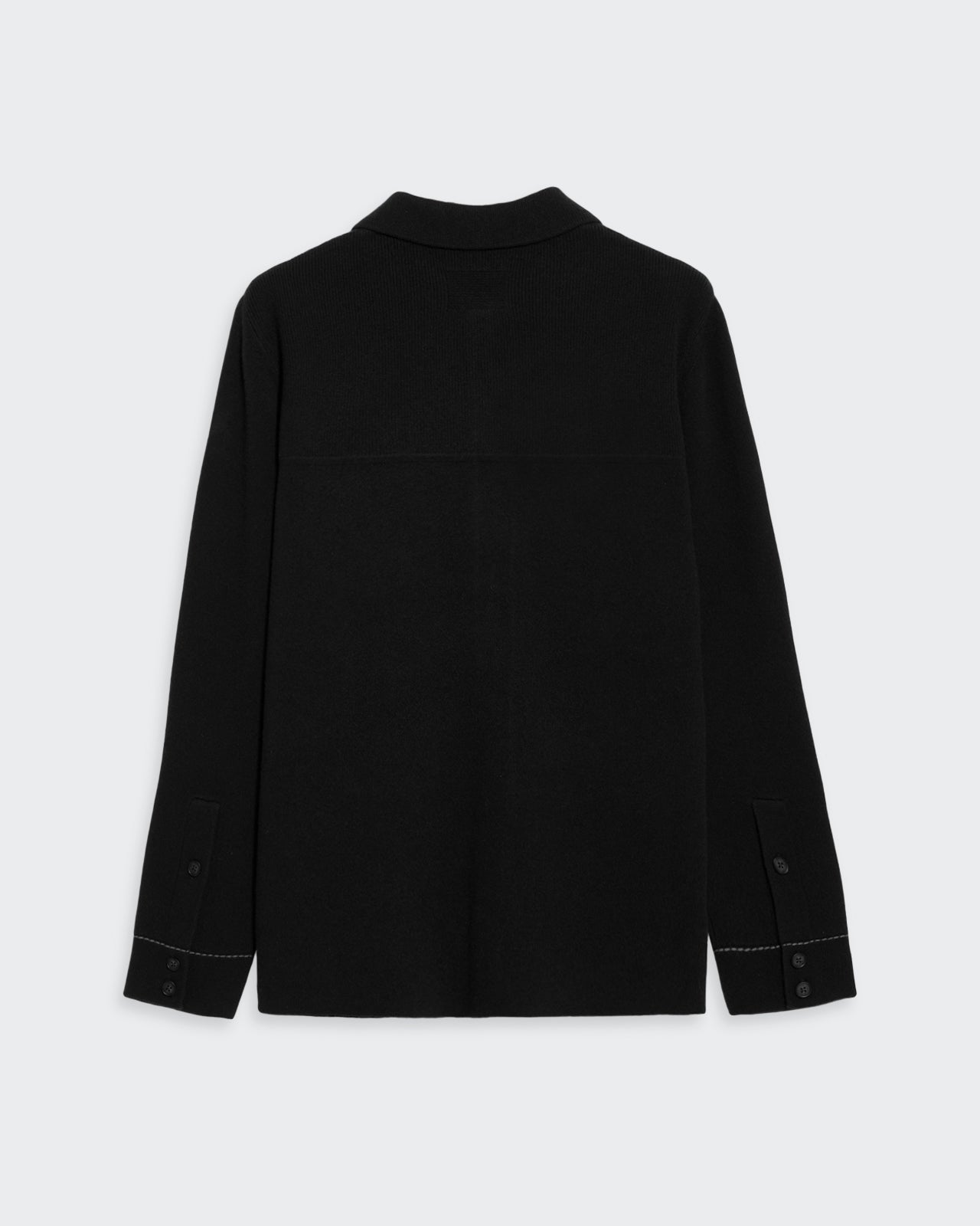 Industry Jacket - Black/Steel shown from back with contrast topstitching on cuffs and shirt collar in cashmere knit.
