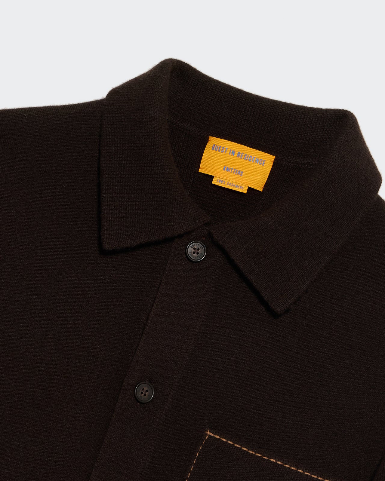 Close-up of the collar and buttons on the Industry Jacket Burnt Cocoa/Almond showing cashmere knit and contrast stitching.