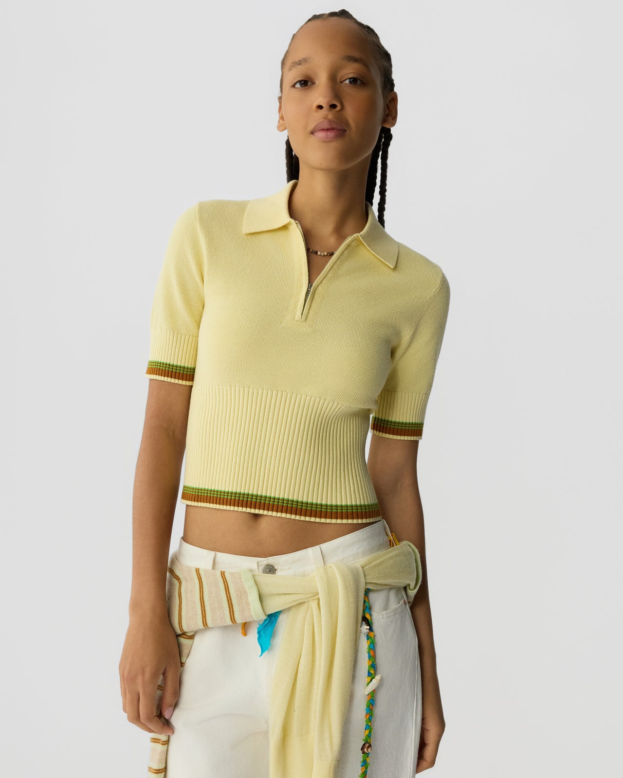 The Marcella Polo in Mist, a perfect example of a structured yet soft cashmere-cotton blend knit.