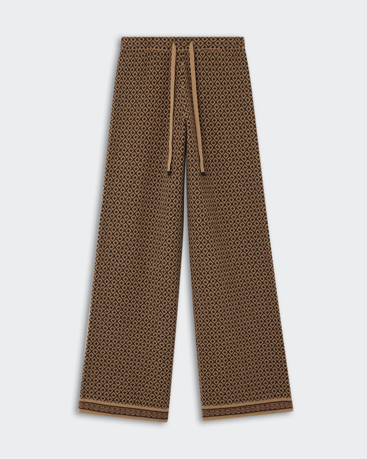 Marquise Pant - Burnt Cocoa Combo featuring a geometric pattern in brown and black tones, wide-leg silhouette, and drawstring waistband for a comfortable fit.