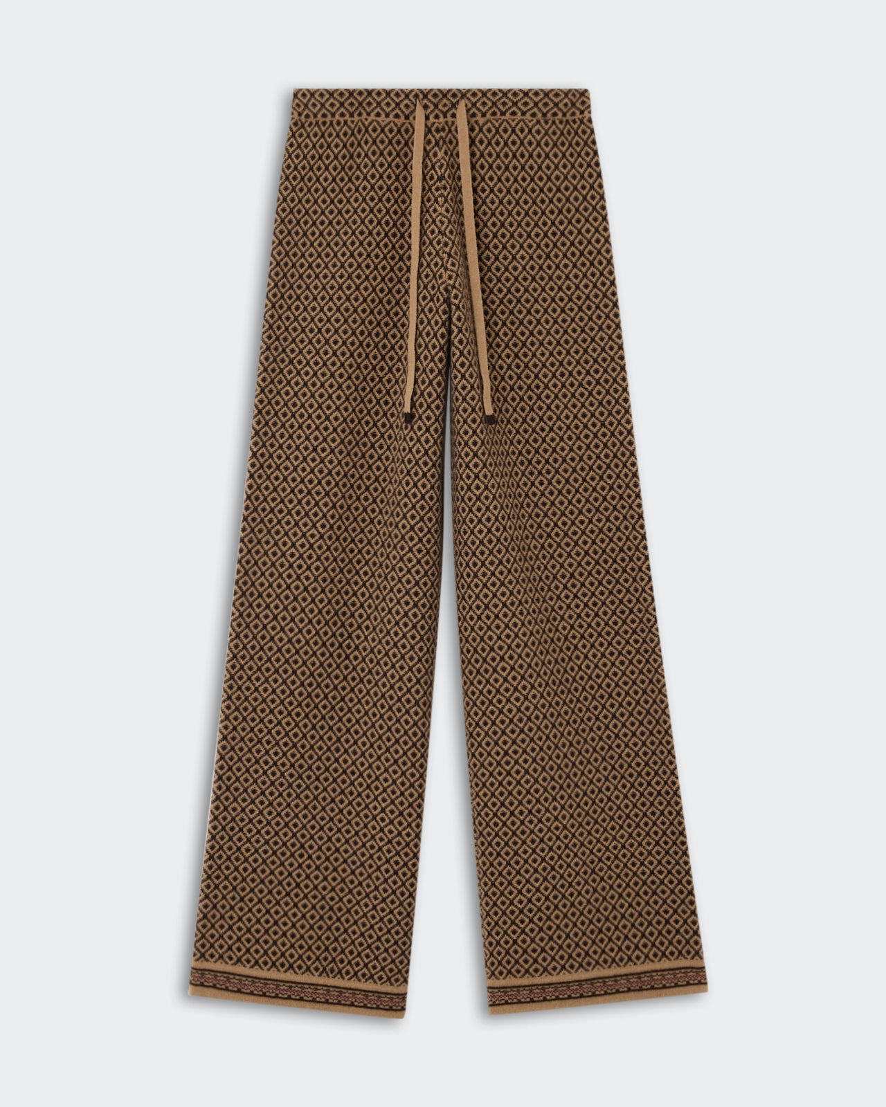 Marquise Pant - Burnt Cocoa Combo featuring a geometric pattern in brown and black tones, wide-leg silhouette, and drawstring waistband for a comfortable fit.