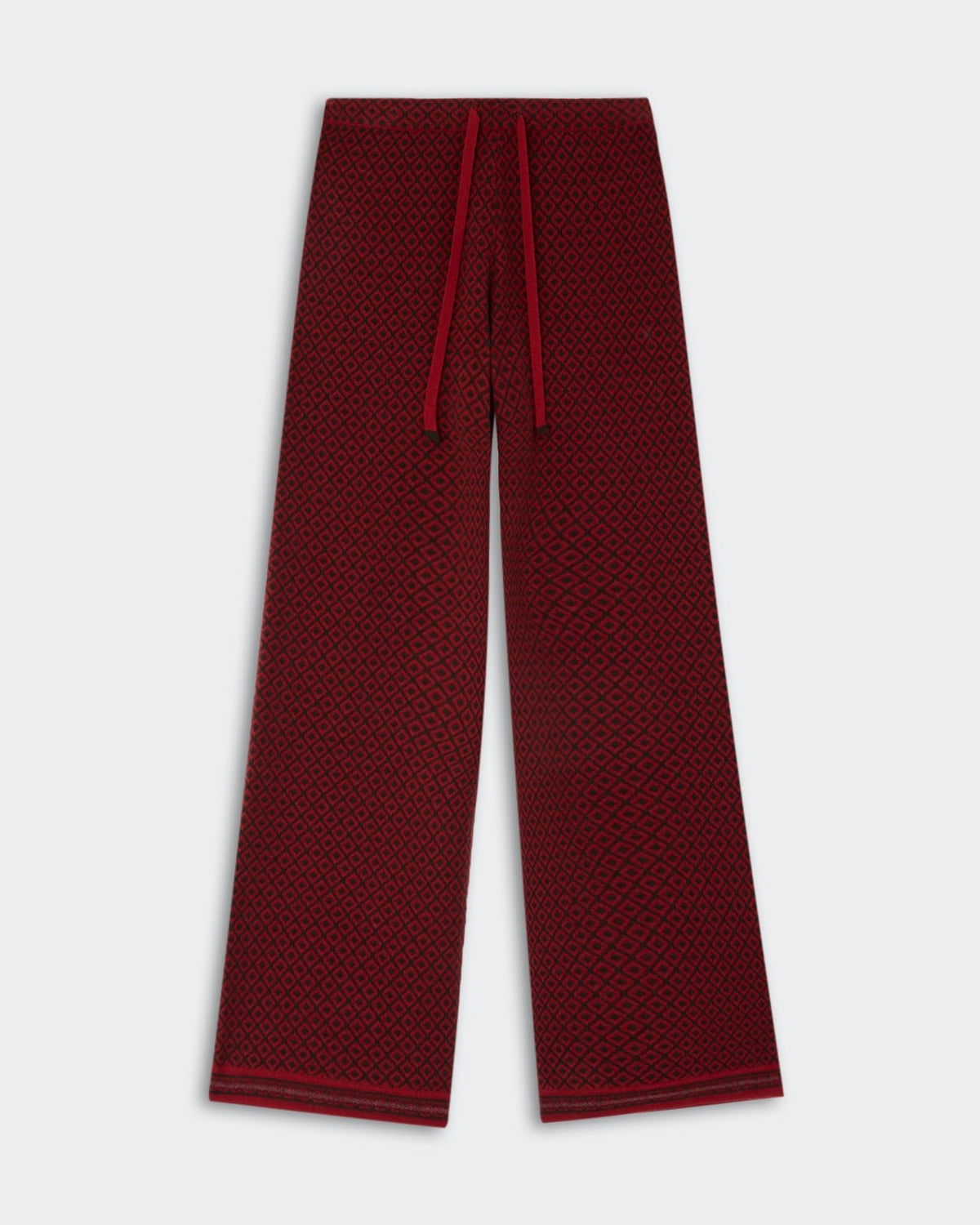 Marquise Pant - Carmine Combo featuring a rich carmine color with an intricate all-over geometric pattern and a wide-leg silhouette with drawstring waist.