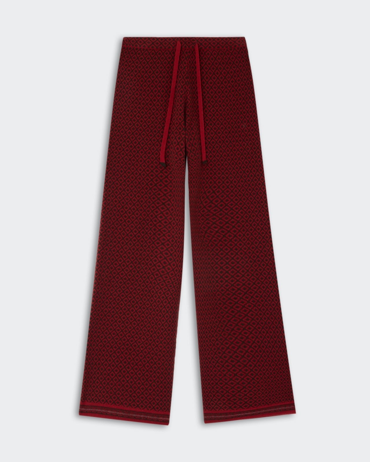 Marquise Pant - Carmine Combo featuring a rich carmine color with an intricate all-over geometric pattern and a wide-leg silhouette with drawstring waist.
