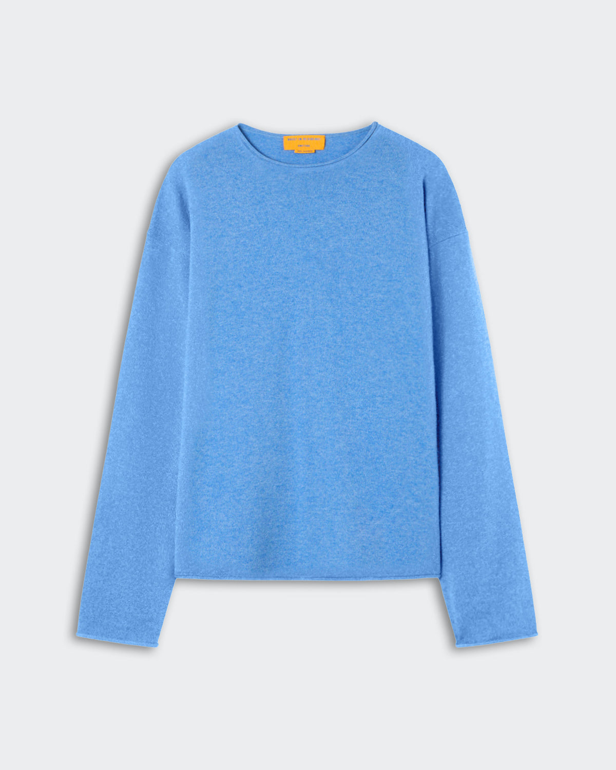 Light blue long-sleeve crew neck sweater with soft texture laid flat on a light gray background.