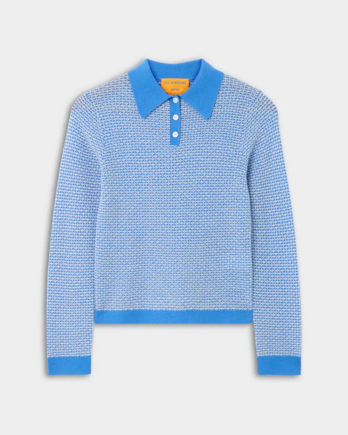 Pique L/S Shrunken Polo - Sail Combo, a long-sleeve polo crafted in a textured knit with light blue and white pattern, featuring a solid sky blue collar, three-button placket, and ribbed cuffs and hem, displayed flat.